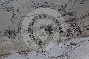 Abstract gray background. wet concrete, water and black fine abrasive slag.