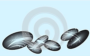 Abstract gray shiny ovals, circles, eggs with patterns of light magical lines on a light blue background.
