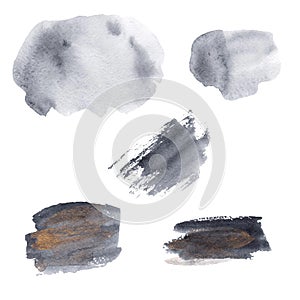 Abstract gray watercolor spots set on white background.