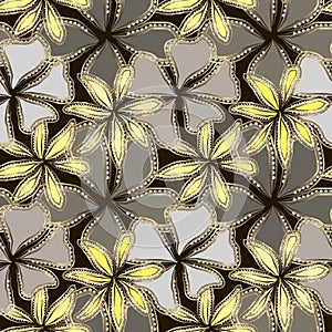 Abstract gray and yellow flowers in gold frame with diamonds. Luxury background.