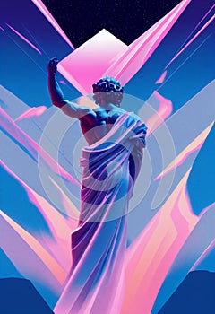 Abstract greek god sculpture in retrowave city pop design, vaporwave style colors