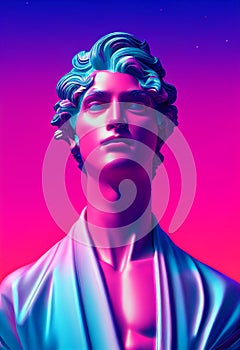 Abstract greek god sculpture in retrowave city pop design, vaporwave style colors