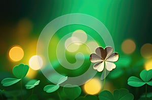 abstract green background, background with clover leaves, place for text, golden flashes, bokeh effect, Irish
