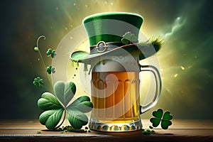 Abstract green background for St. Patrick's Day, beer and hat decorated with shamrock leaves.