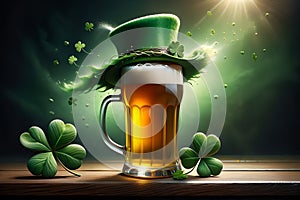Abstract green background for St. Patrick's Day, beer and hat decorated with shamrock leaves.