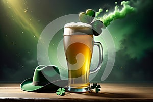 Abstract green background for St. Patrick's Day, beer and hat decorated with shamrock leaves.