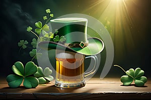 Abstract green background for St. Patrick's Day, beer and hat decorated with shamrock leaves.