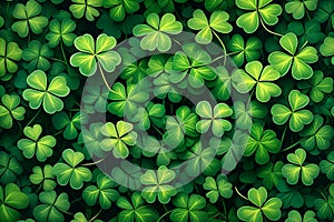 Abstract green background for St. Patrick's Day, decorated with shamrock leaves.