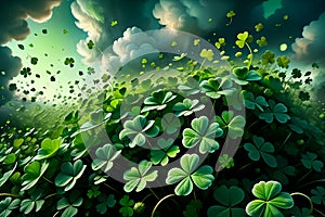 Abstract green background for St. Patrick's Day, decorated with shamrock leaves.