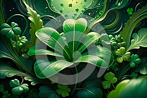 Abstract green background for St. Patrick's Day, decorated with shamrock leaves.