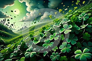 Abstract green background for St. Patrick's Day, decorated with shamrock leaves.