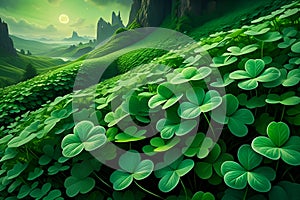 Abstract green background for St. Patrick's Day, decorated with shamrock leaves.