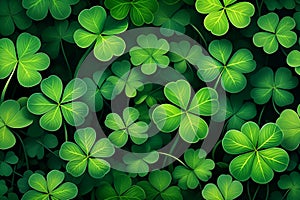 Abstract green background for St. Patrick's Day, decorated with shamrock leaves.