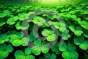 Abstract green background for St. Patrick's Day, decorated with shamrock leaves.