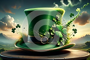 Abstract green background for St. Patrick's Day, hat decorated with shamrock leaves.