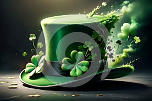 Abstract green background for St. Patrick's Day, hat decorated with shamrock leaves.