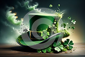 Abstract green background for St. Patrick's Day, hat decorated with shamrock leaves.