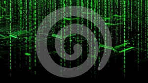 Abstract green binary code falling onto circuit board technology background