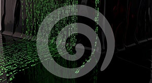 Abstract green binary code flowing on shiny black surface, technology and data concept