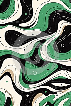 Abstract green and black wavy pattern with fluid shapes and textures, featuring organic lines and contrasting colors