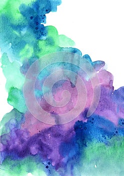 Abstract green, blue and purple watercolor painting color field background.
