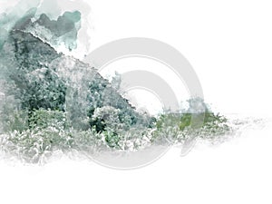 Abstract green colorful shape on mountain range watercolor illustration paint background.