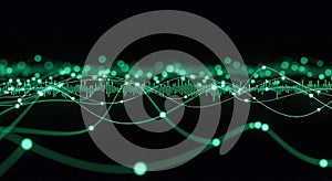Abstract Green Data Visualization Waves and Particles on Black Background