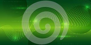 Abstract green digital background with binary code and flowing wave pattern. Futuristic technology design for data, coding,