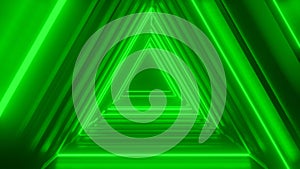 Abstract green digital background with letter A shape neon tunnel. 3d render, laser show, night club interior light, glowing lines