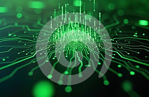 Abstract green digital circuit board. Futuristic tech background. Data streams glow. Binary code flows. Modern AI concept.