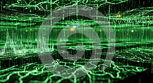 Abstract Green Digital Network Data Flow, Binary Code Rain, Futuristic Technology Concept