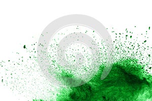 Abstract green dust explosion on white background.