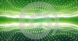 Abstract green energy waves from particles above and below the screen