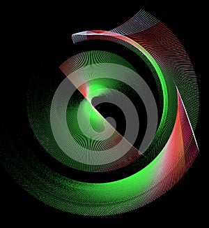 Abstract green fan with red and white stripes rotates on a black background. Graphic design element. 3d