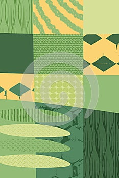 Abstract green field or wave eco farm background. Nature landscape vector illustration with scribble texture. Mountain