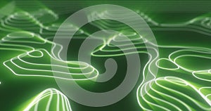 Abstract green futuristic hi-tech landscape and canyons from glowing energy circles and magic lines background