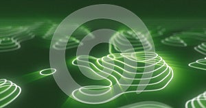 Abstract green futuristic hi-tech landscape with mountains from glowing energy circles and magic lines background