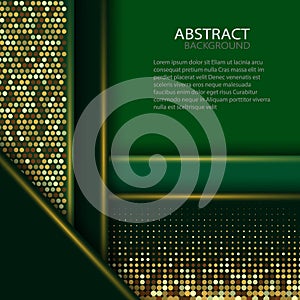 Abstract green geometric lines background design with shadows and with golden glitter effect.