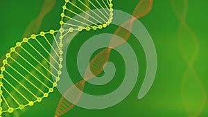 Abstract green glittering DNA double helix with depth of field. Animation of DNA construction from debrises 3d rendering