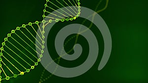 Abstract green glittering DNA double helix with depth of field. Animation of DNA construction from debrises. Science