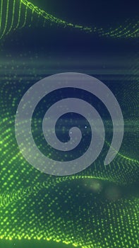 Abstract green glowing particles forming smooth digital waves, representing technology, energy, and futuristic data flow
