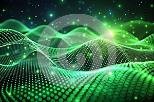 Abstract green glowing wave particles background
