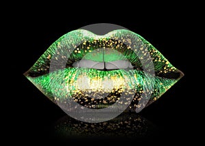 Abstract green with gold lips on a black background