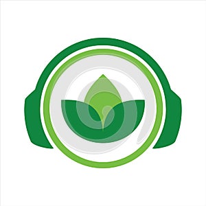 Abstract green leaf headphone nature relaxation music logo icon