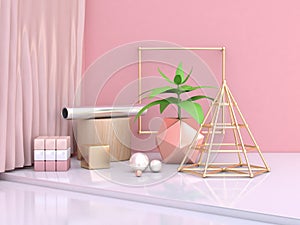 Abstract green leaf and many objects geometric shape metallic gold pink minimal abstract background 3d render