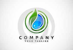 Abstract green leaf with water drop nature logo, Environmental logo concept