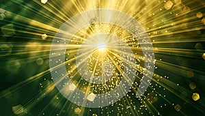 Abstract green light burst with radiant rays on dark background. Golden green sparkling backdrop with copy space