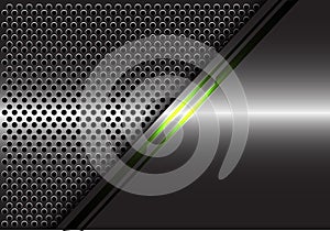 Abstract green light line energy on grey metal with circle mesh design modern futuristic technology background vector