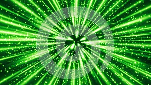 Abstract green light streaks and particles exploding from a central point
