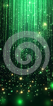 Abstract Green Matrix Code Binary Computer Data Stream Background, Digital Rain of Falling Particles